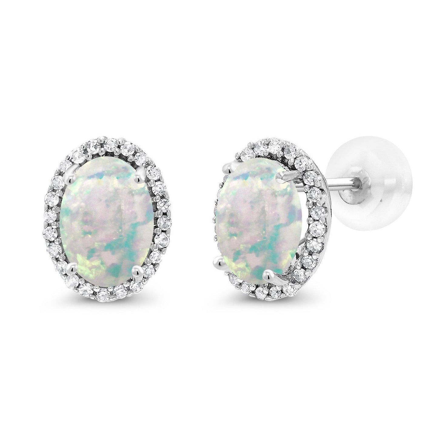 10K White Gold 7X5MM Oval Gemstone Birthstone and White Diamond Halo Earrings | White Gold Earrings for Women