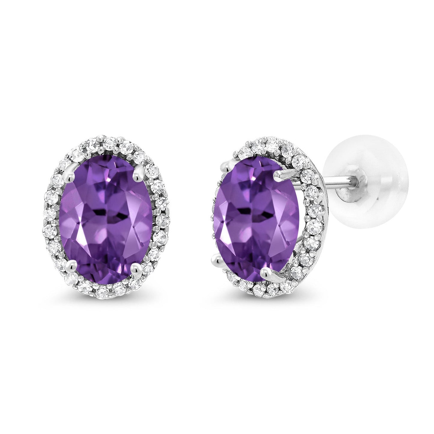 10K White Gold 7X5MM Oval Gemstone Birthstone and White Diamond Halo Earrings | White Gold Earrings for Women