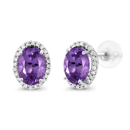 10K White Gold 7X5MM Oval Gemstone Birthstone and White Diamond Halo Earrings | White Gold Earrings for Women