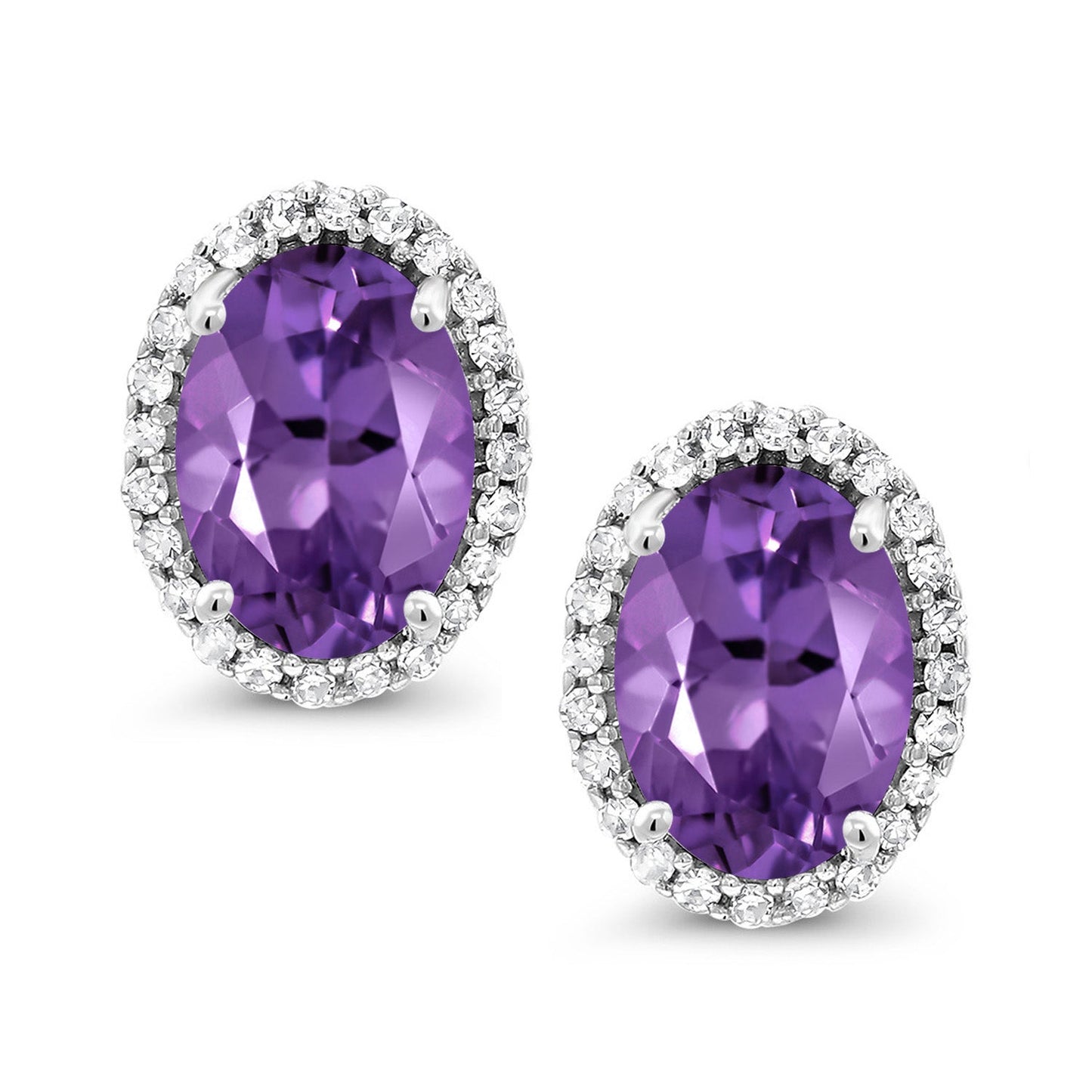 10K White Gold 7X5MM Oval Gemstone Birthstone and White Diamond Halo Earrings | White Gold Earrings for Women