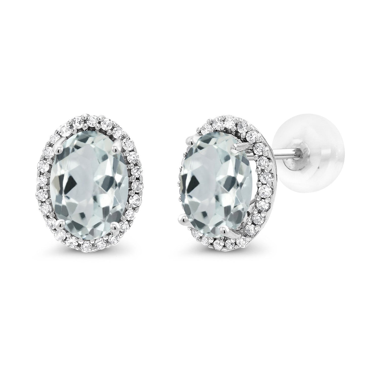 10K White Gold 7X5MM Oval Gemstone Birthstone and White Diamond Halo Earrings | White Gold Earrings for Women