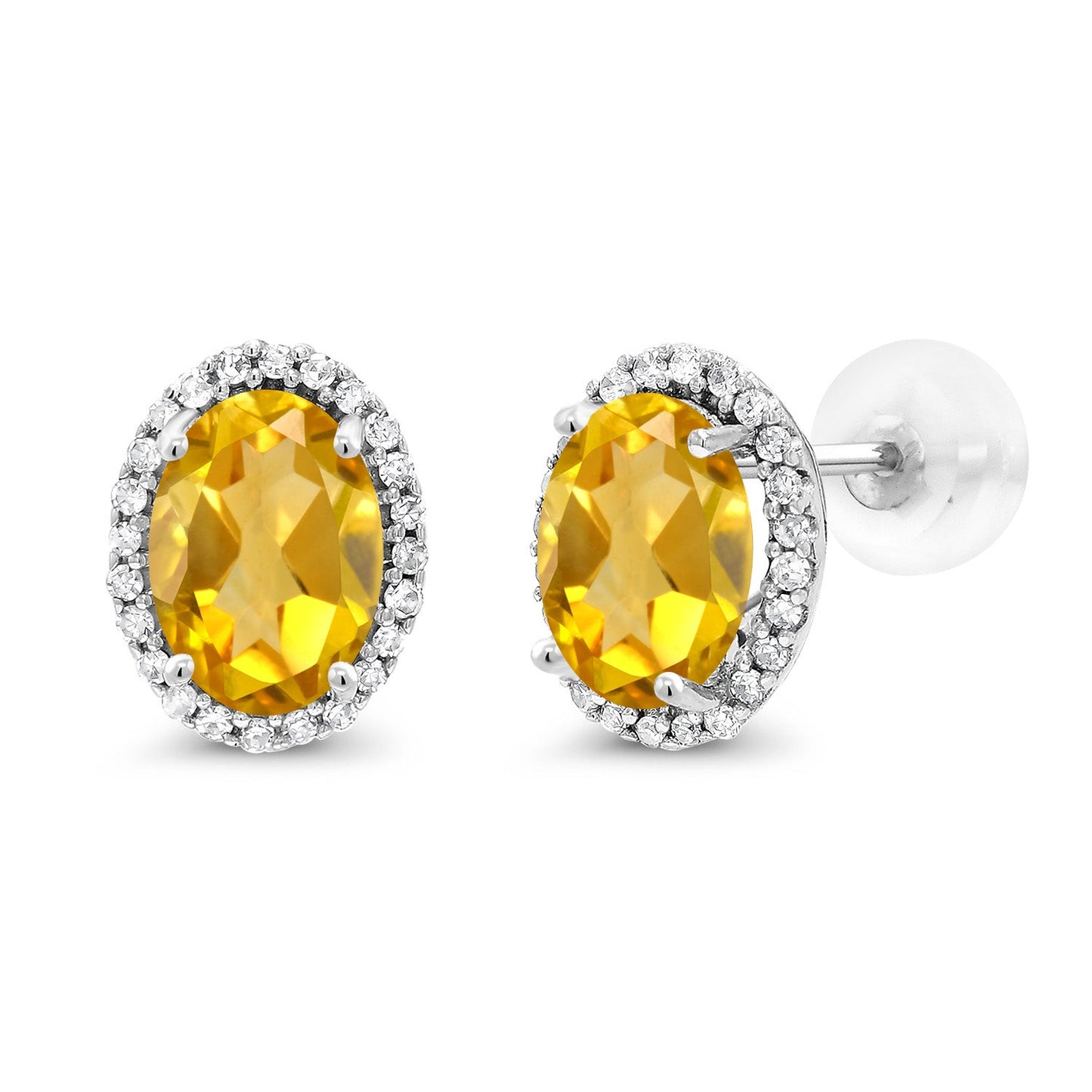 10K White Gold 7X5MM Oval Gemstone Birthstone and White Diamond Halo Earrings | White Gold Earrings for Women