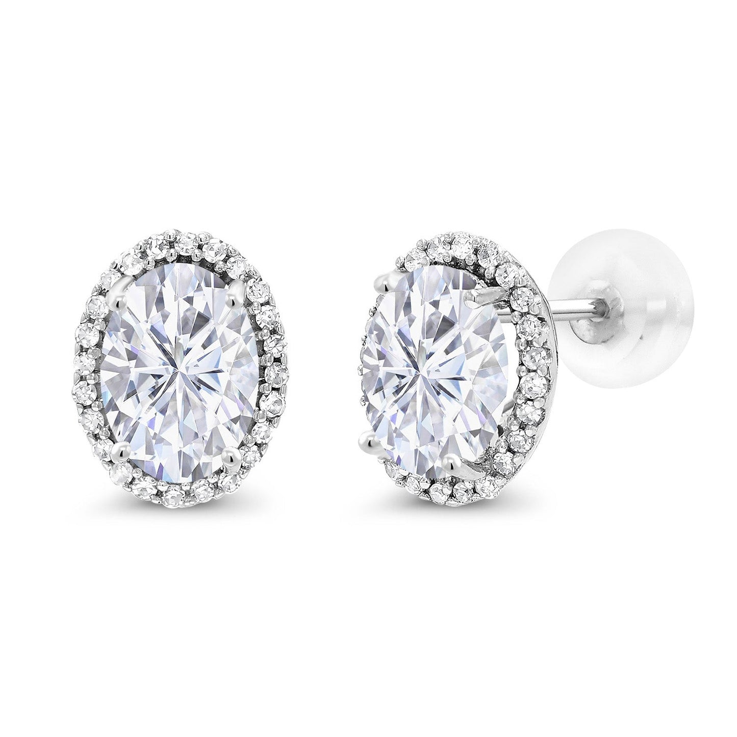 10K White Gold 7X5MM Oval Gemstone Birthstone and White Diamond Halo Earrings | White Gold Earrings for Women