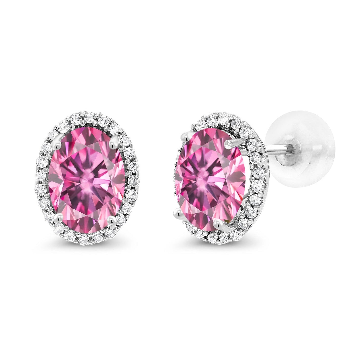 10K White Gold 7X5MM Oval Gemstone Birthstone and White Diamond Halo Earrings | White Gold Earrings for Women