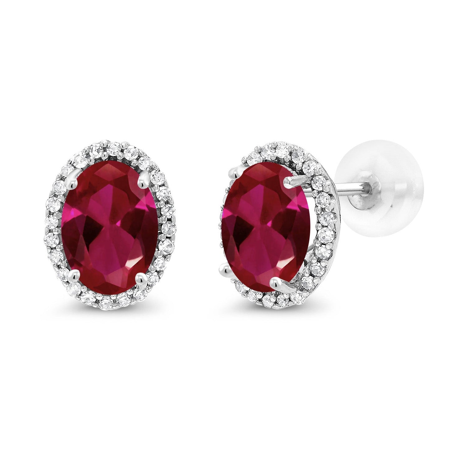 10K White Gold 7X5MM Oval Gemstone Birthstone and White Diamond Halo Earrings | White Gold Earrings for Women