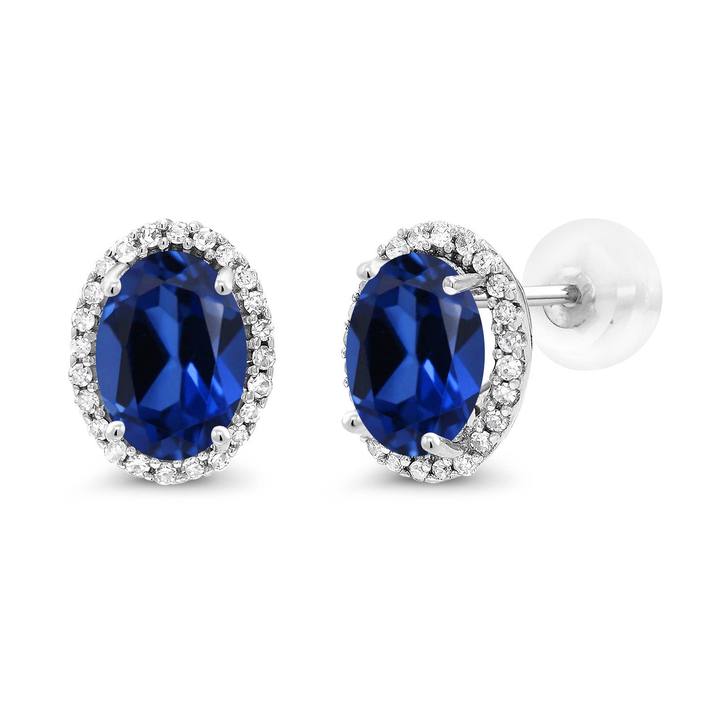 10K White Gold 7X5MM Oval Gemstone Birthstone and White Diamond Halo Earrings | White Gold Earrings for Women