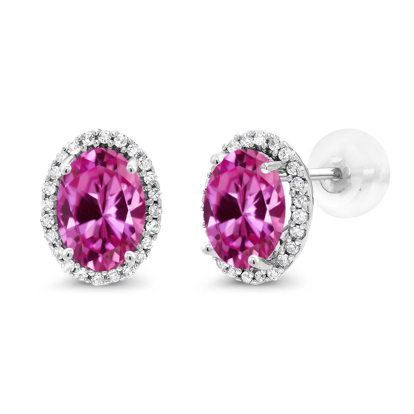 10K White Gold 7X5MM Oval Gemstone Birthstone and White Diamond Halo Earrings | White Gold Earrings for Women