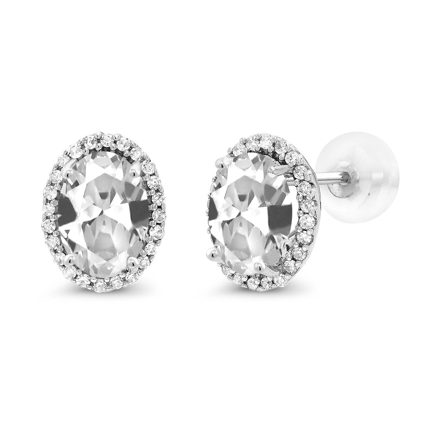 10K White Gold 7X5MM Oval Gemstone Birthstone and White Diamond Halo Earrings | White Gold Earrings for Women