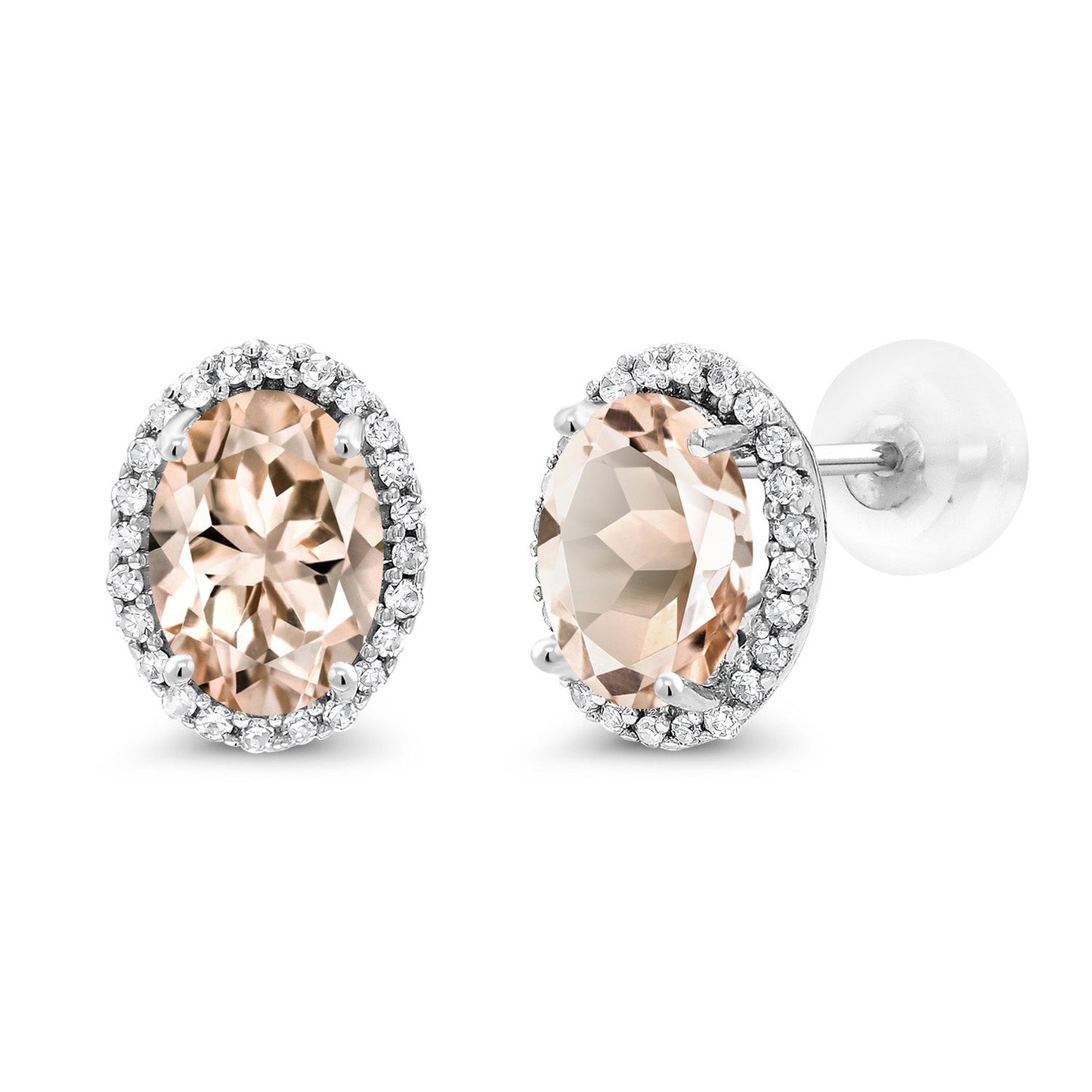 10K White Gold 7X5MM Oval Gemstone Birthstone and White Diamond Halo Earrings | White Gold Earrings for Women