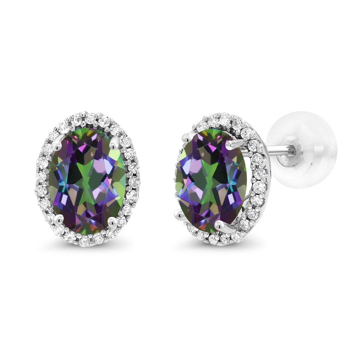 10K White Gold 7X5MM Oval Gemstone Birthstone and White Diamond Halo Earrings | White Gold Earrings for Women