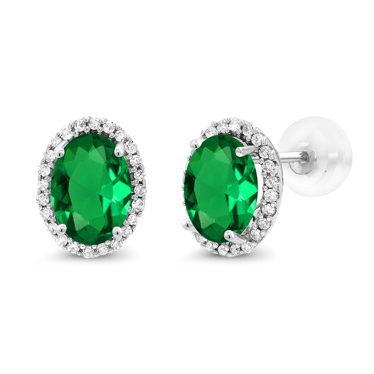 10K White Gold 7X5MM Oval Gemstone Birthstone and White Diamond Halo Earrings | White Gold Earrings for Women