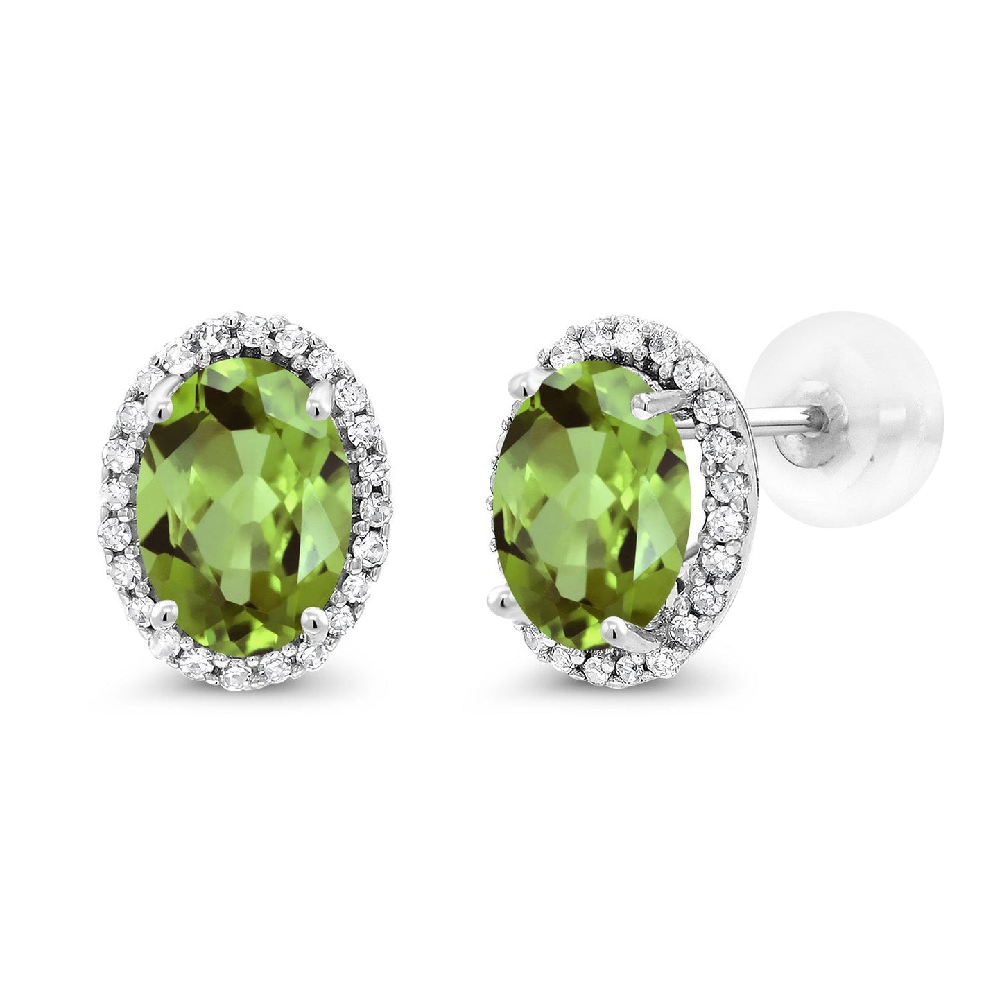 10K White Gold 7X5MM Oval Gemstone Birthstone and White Diamond Halo Earrings | White Gold Earrings for Women