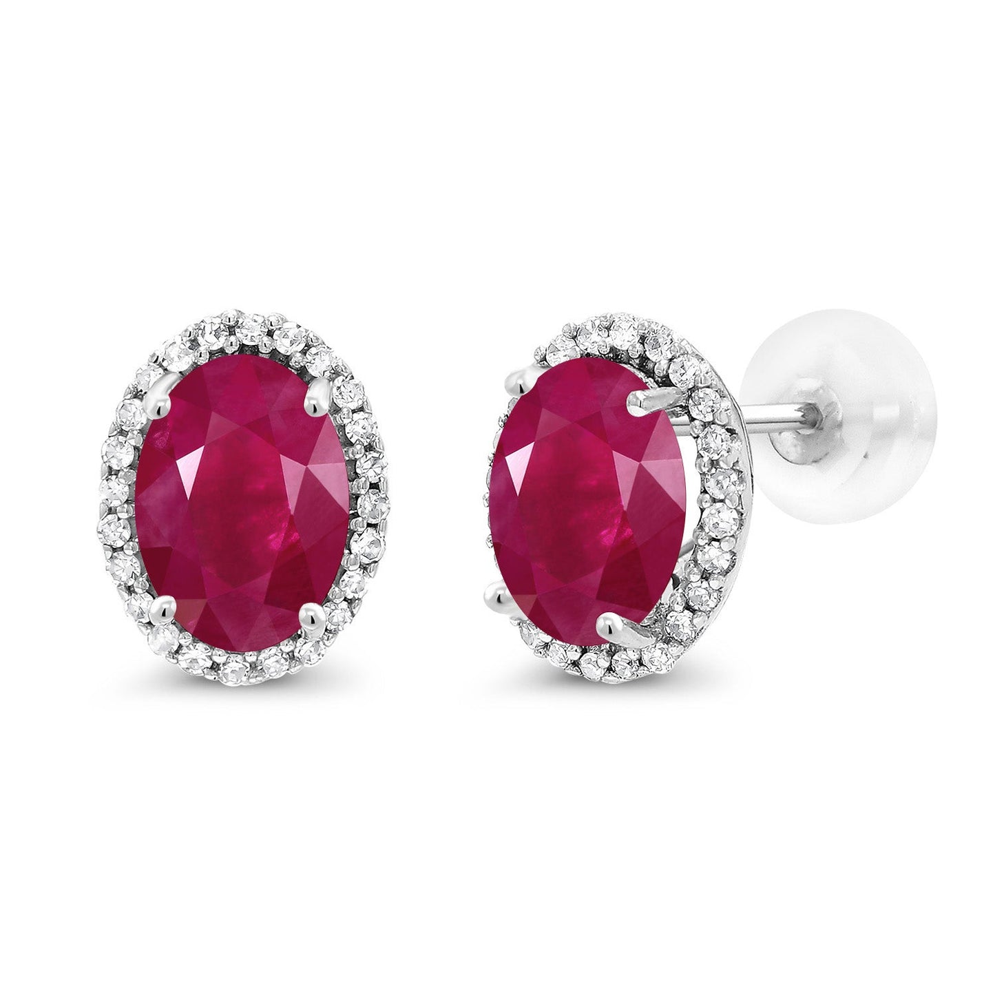 10K White Gold 7X5MM Oval Gemstone Birthstone and White Diamond Halo Earrings | White Gold Earrings for Women