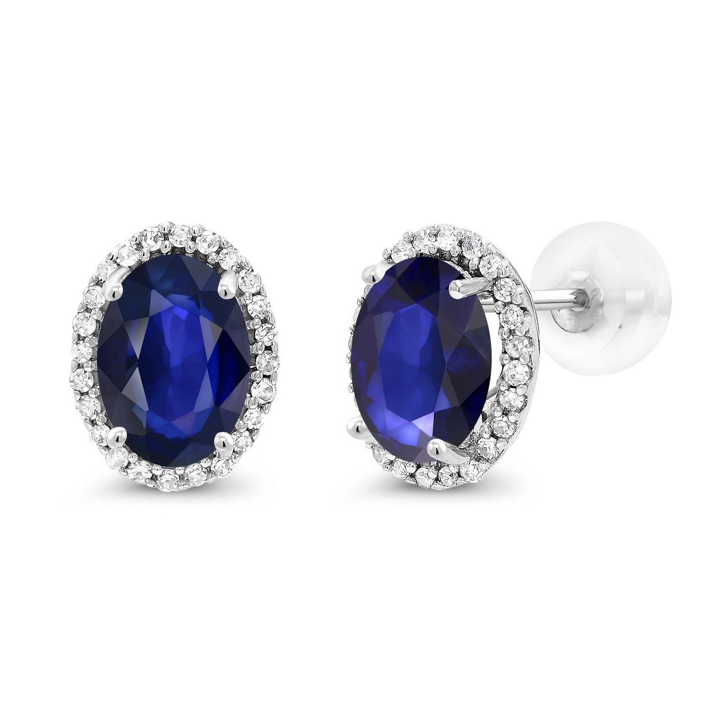 10K White Gold 7X5MM Oval Gemstone Birthstone and White Diamond Halo Earrings | White Gold Earrings for Women