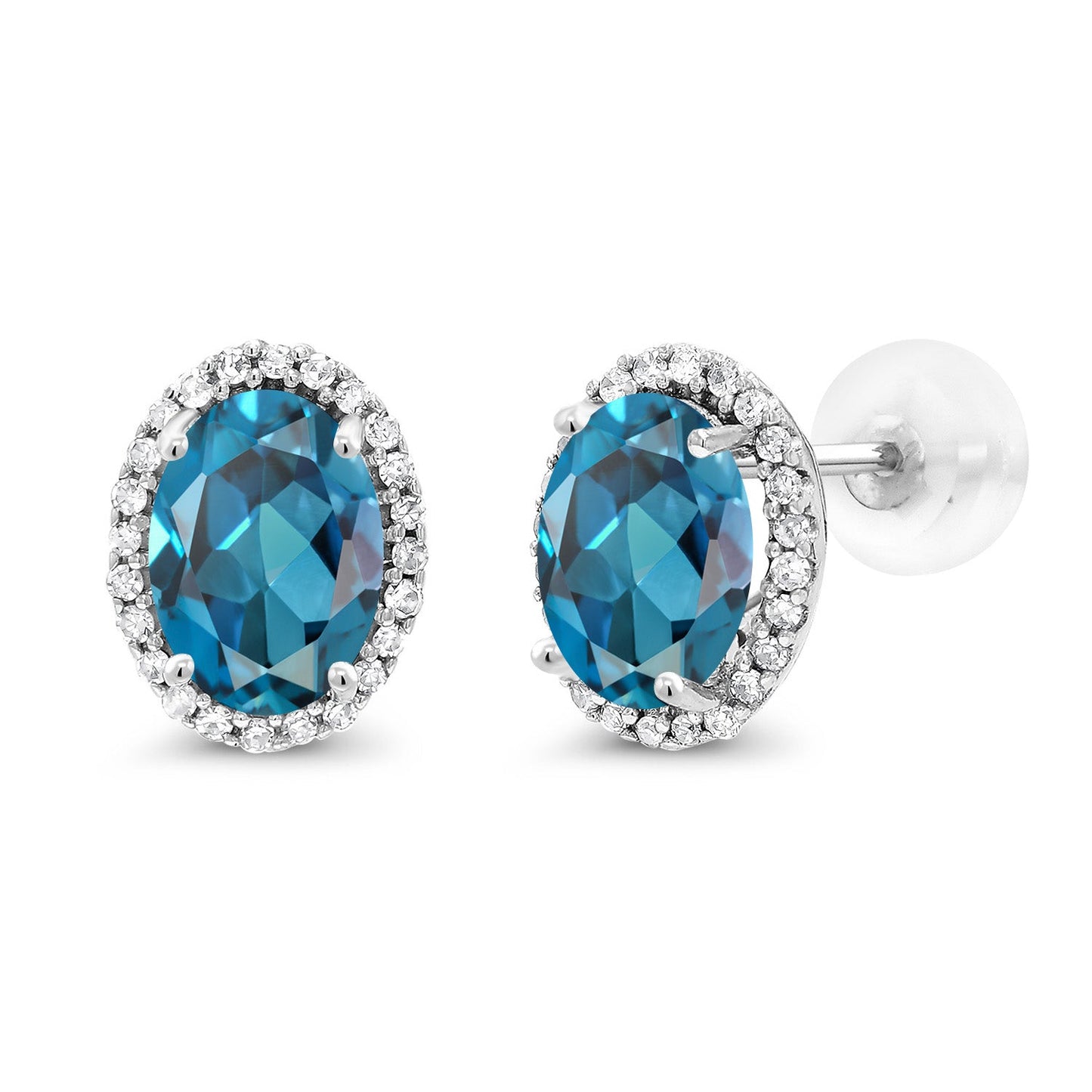 10K White Gold 7X5MM Oval Gemstone Birthstone and White Diamond Halo Earrings | White Gold Earrings for Women