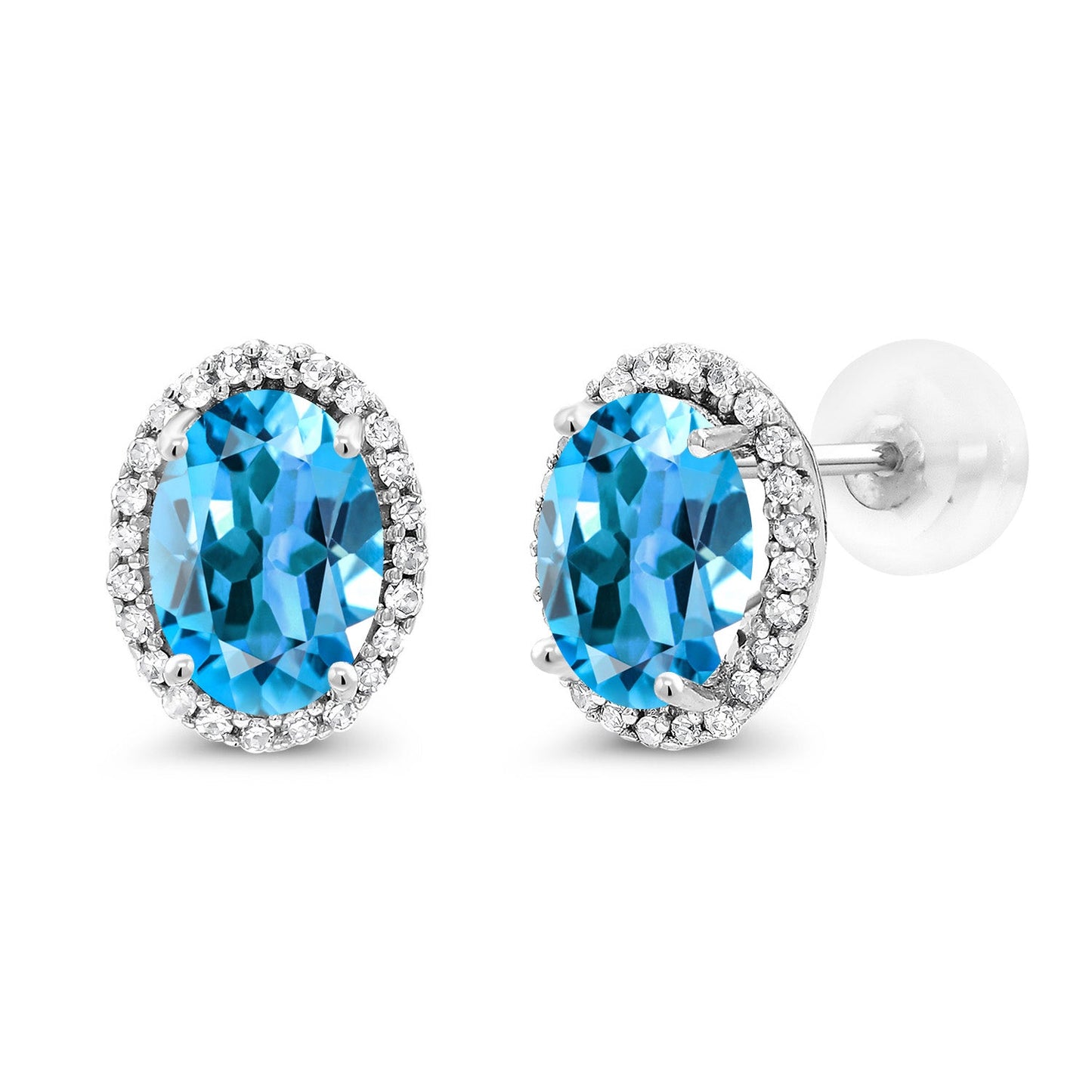 10K White Gold 7X5MM Oval Gemstone Birthstone and White Diamond Halo Earrings | White Gold Earrings for Women