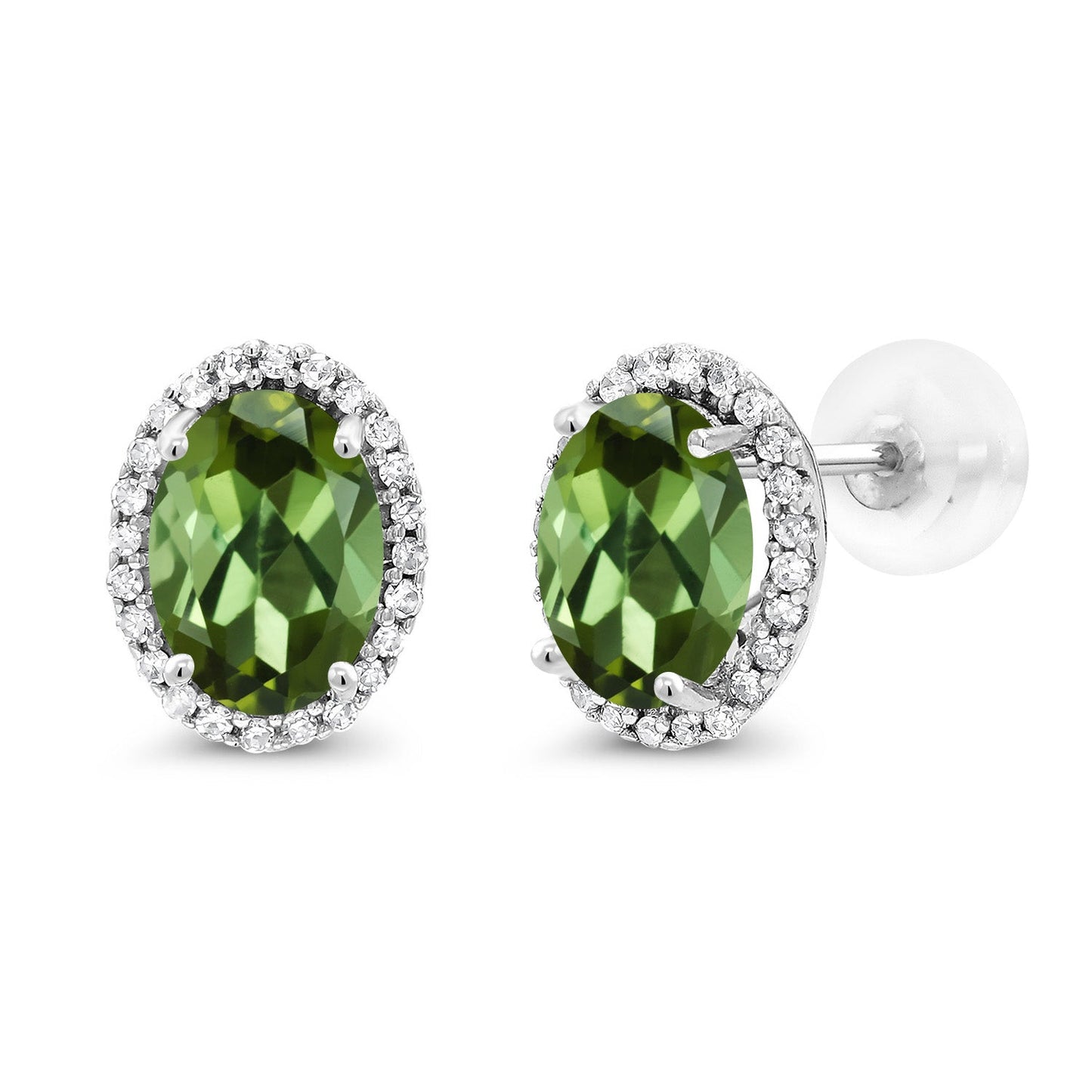 10K White Gold 7X5MM Oval Gemstone Birthstone and White Diamond Halo Earrings | White Gold Earrings for Women