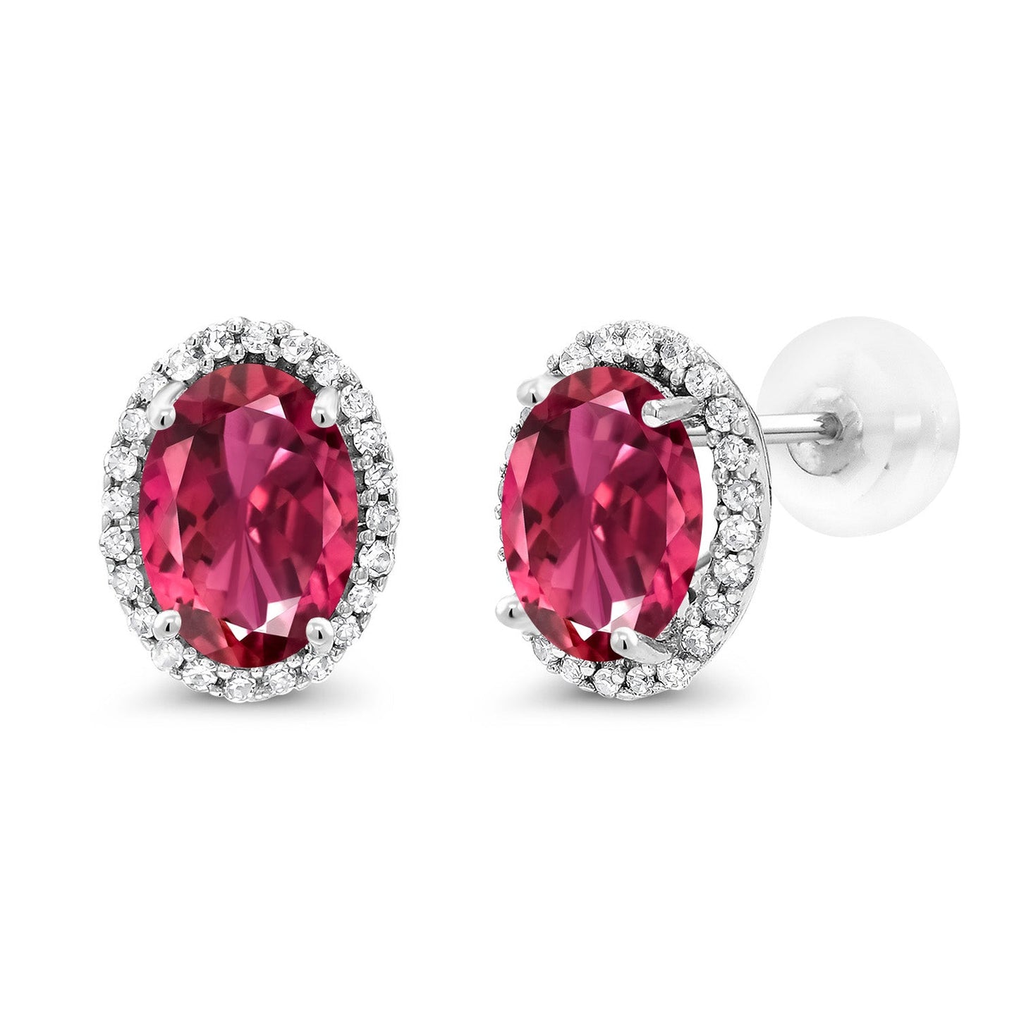 10K White Gold 7X5MM Oval Gemstone Birthstone and White Diamond Halo Earrings | White Gold Earrings for Women