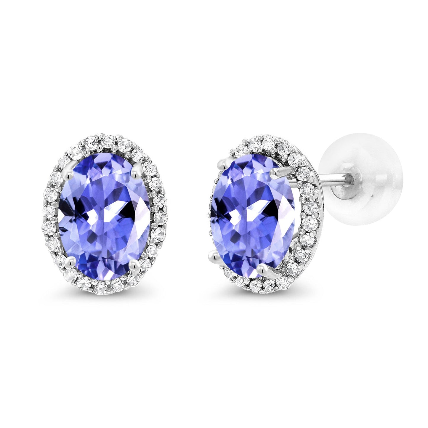 10K White Gold 7X5MM Oval Gemstone Birthstone and White Diamond Halo Earrings | White Gold Earrings for Women