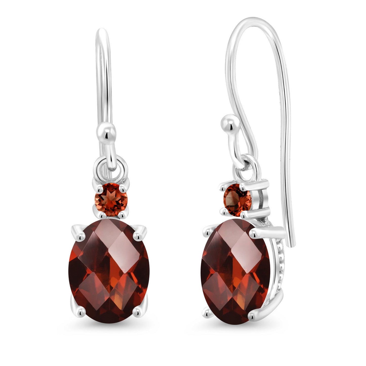 10K White Gold Gemstone Birthstone and Garnet Dangle Earrings For Women | Oval 8X6MM and Round 2.5MM | Elegant Drop Design with Classic French Wire Hooks | Fine Jewelry Earrings
