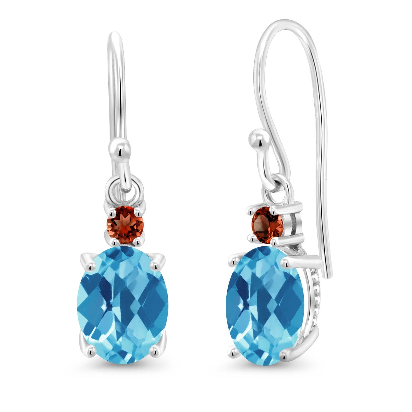 10K White Gold Gemstone Birthstone and Garnet Dangle Earrings For Women | Oval 8X6MM and Round 2.5MM | Elegant Drop Design with Classic French Wire Hooks | Fine Jewelry Earrings