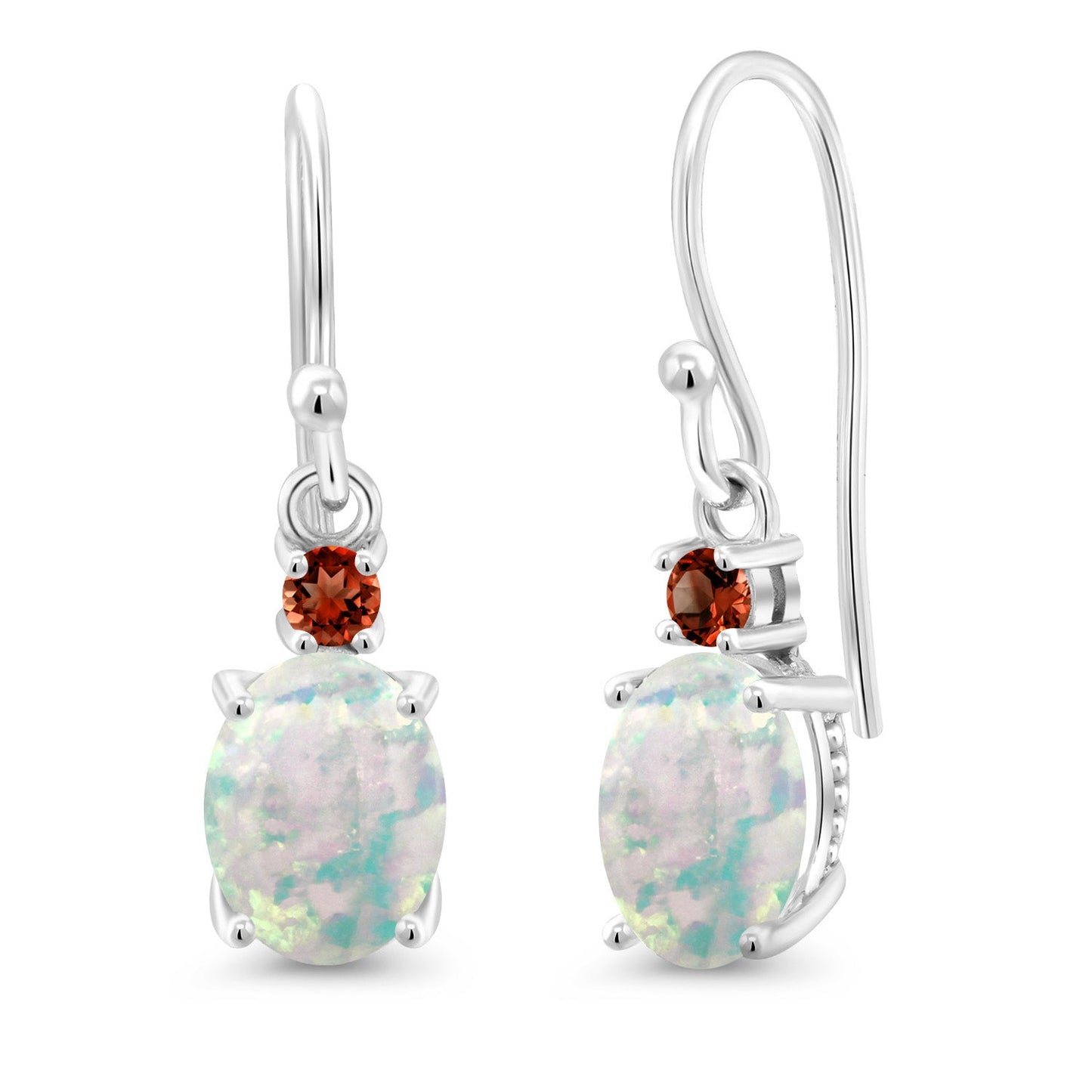 10K White Gold Gemstone Birthstone and Garnet Dangle Earrings For Women | Oval 8X6MM and Round 2.5MM | Elegant Drop Design with Classic French Wire Hooks | Fine Jewelry Earrings