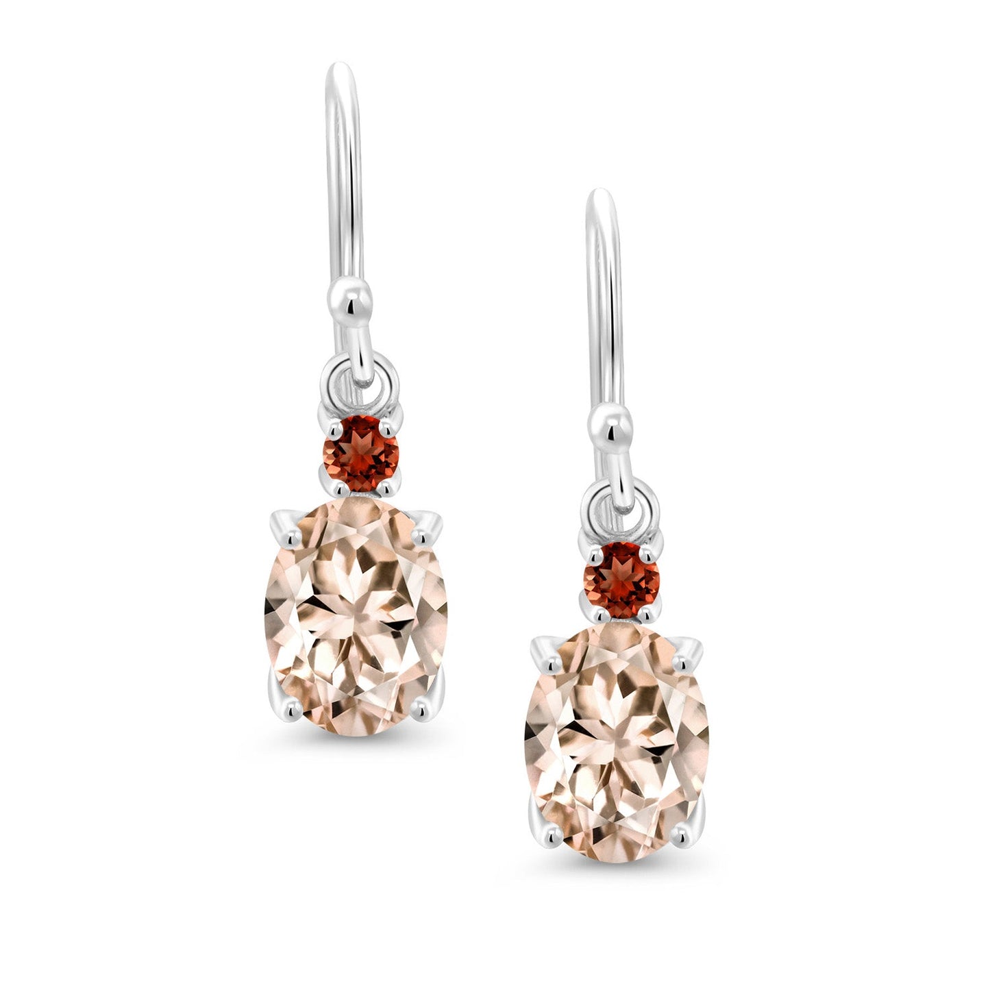 10K White Gold Gemstone Birthstone and Garnet Dangle Earrings For Women | Oval 8X6MM and Round 2.5MM | Elegant Drop Design with Classic French Wire Hooks | Fine Jewelry Earrings