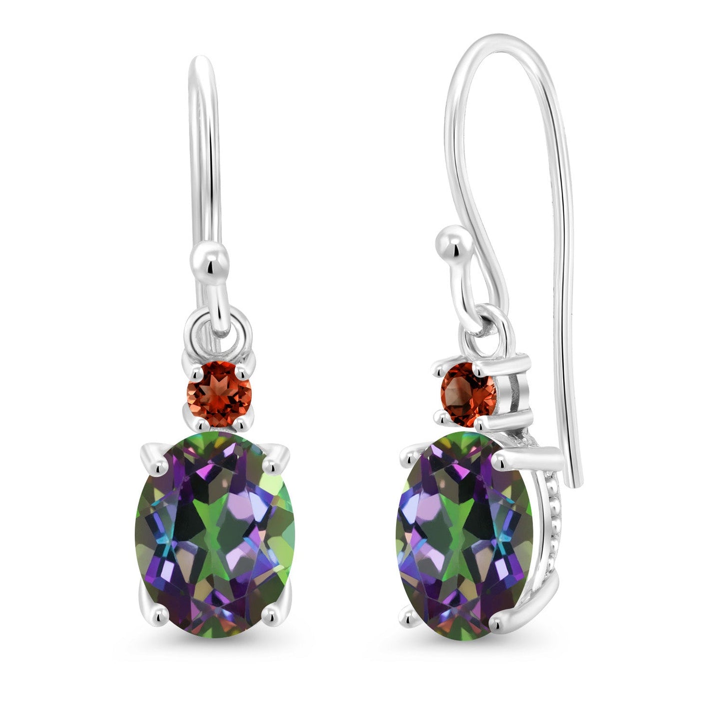 10K White Gold Gemstone Birthstone and Garnet Dangle Earrings For Women | Oval 8X6MM and Round 2.5MM | Elegant Drop Design with Classic French Wire Hooks | Fine Jewelry Earrings