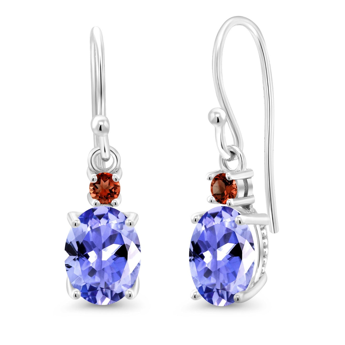 10K White Gold Gemstone Birthstone and Garnet Dangle Earrings For Women | Oval 8X6MM and Round 2.5MM | Elegant Drop Design with Classic French Wire Hooks | Fine Jewelry Earrings