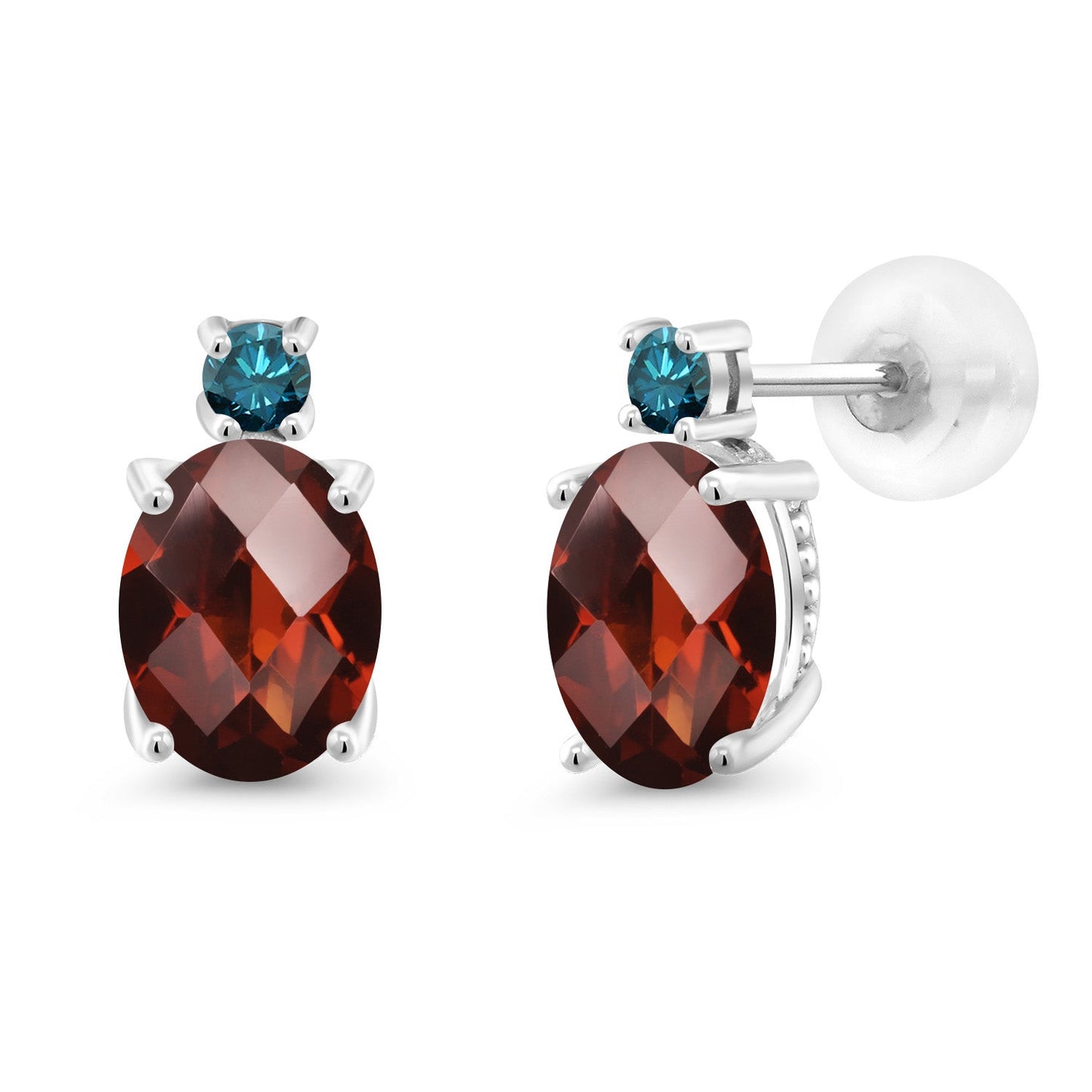 14K White Gold Gemstone Birthstone and Blue Diamond Stud Earrings For Women | Oval 8X6MM | Round 2.5MM | Elegant Two-Stone Design | Classic Fine Jewelry Earrings