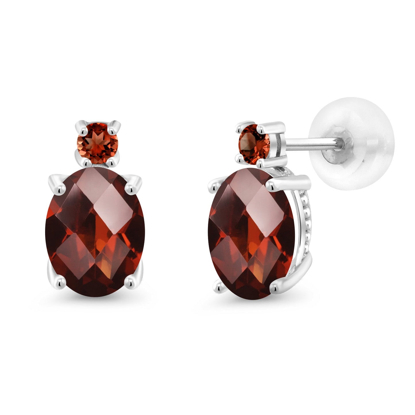 14K White Gold Gemstone Birthstone and Garnet Dangle Stud Earrings For Women | Oval 8X6MM | Round 2.5MM | Elegant Two-Stone Design | Classic Fine Jewelry Earrings