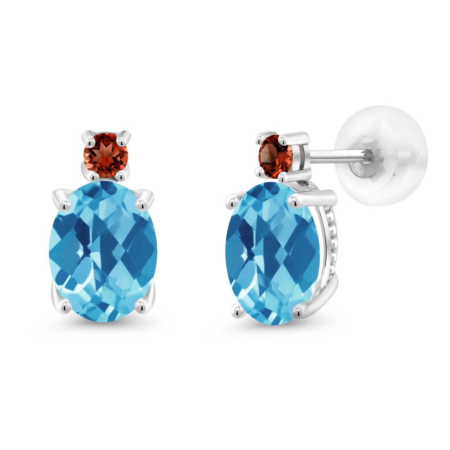 14K White Gold Gemstone Birthstone and Garnet Dangle Stud Earrings For Women | Oval 8X6MM | Round 2.5MM | Elegant Two-Stone Design | Classic Fine Jewelry Earrings