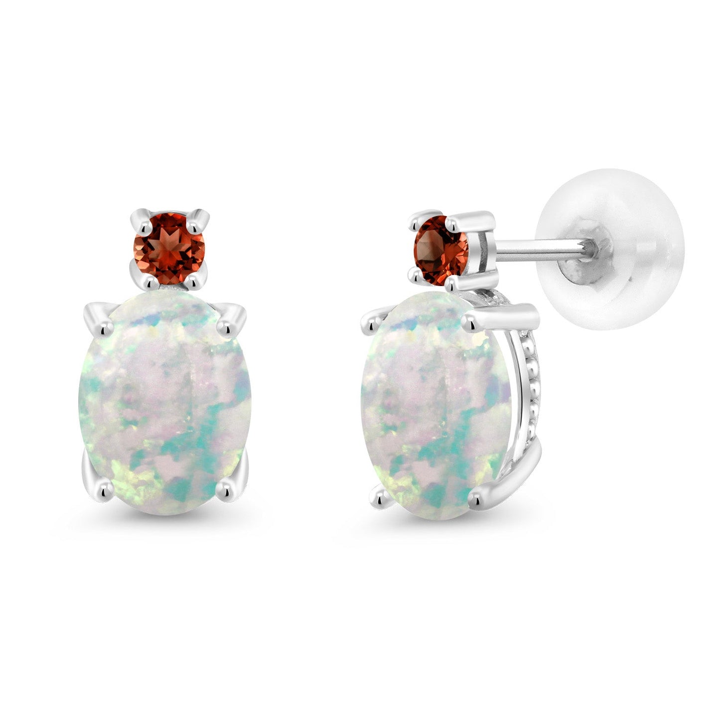 14K White Gold Gemstone Birthstone and Garnet Dangle Stud Earrings For Women | Oval 8X6MM | Round 2.5MM | Elegant Two-Stone Design | Classic Fine Jewelry Earrings