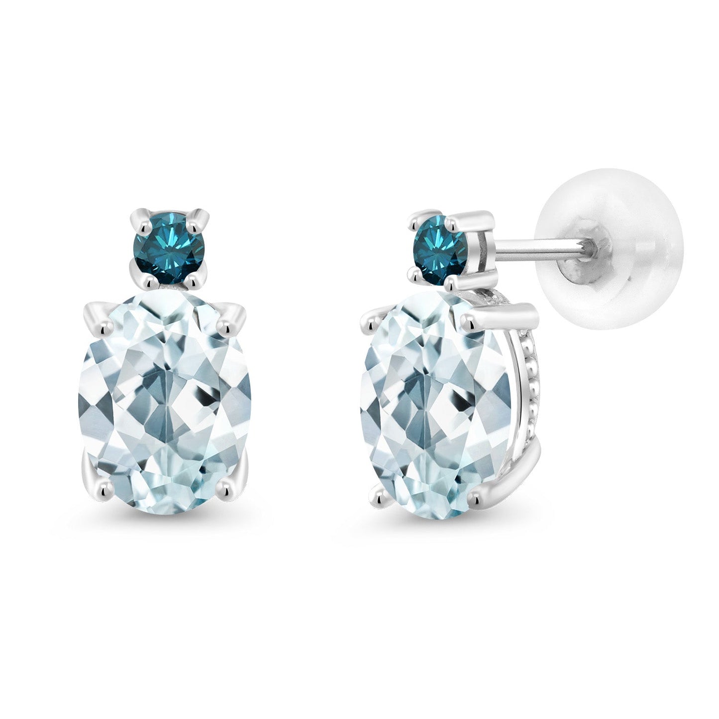 14K White Gold Gemstone Birthstone and Blue Diamond Stud Earrings For Women | Oval 8X6MM | Round 2.5MM | Elegant Two-Stone Design | Classic Fine Jewelry Earrings