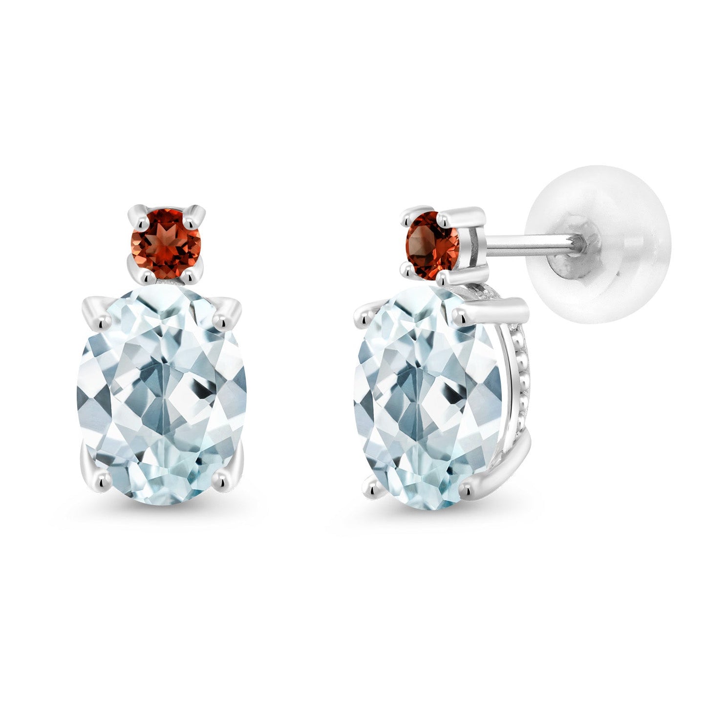 14K White Gold Gemstone Birthstone and Garnet Dangle Stud Earrings For Women | Oval 8X6MM | Round 2.5MM | Elegant Two-Stone Design | Classic Fine Jewelry Earrings