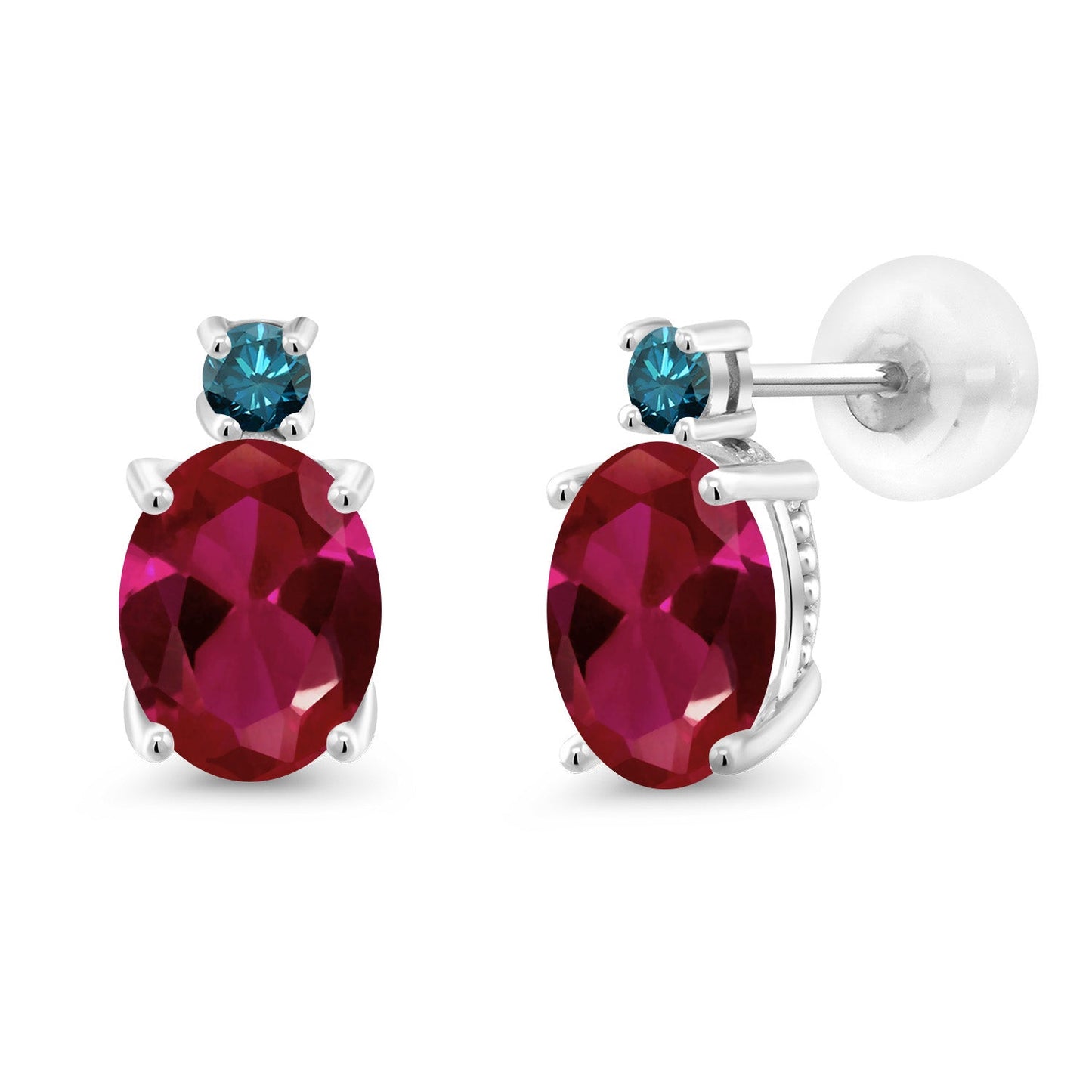 14K White Gold Gemstone Birthstone and Blue Diamond Stud Earrings For Women | Oval 8X6MM | Round 2.5MM | Elegant Two-Stone Design | Classic Fine Jewelry Earrings