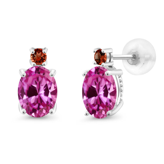 14K White Gold Gemstone Birthstone and Garnet Dangle Stud Earrings For Women | Oval 8X6MM | Round 2.5MM | Elegant Two-Stone Design | Classic Fine Jewelry Earrings