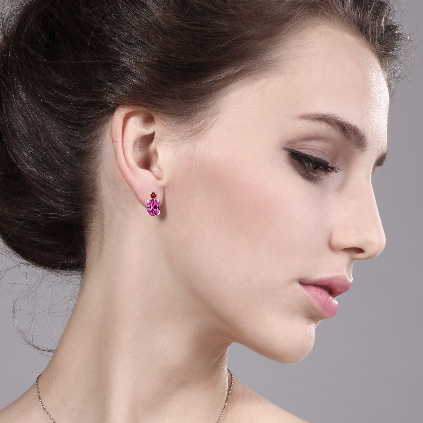 14K White Gold Gemstone Birthstone and Garnet Dangle Stud Earrings For Women | Oval 8X6MM | Round 2.5MM | Elegant Two-Stone Design | Classic Fine Jewelry Earrings