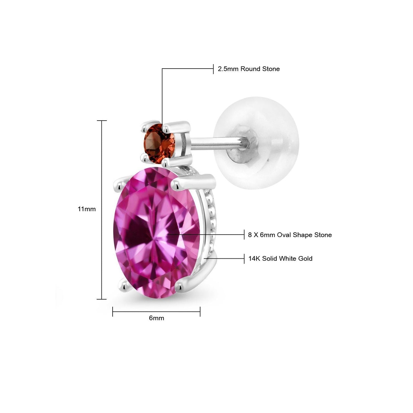 14K White Gold Gemstone Birthstone and Garnet Dangle Stud Earrings For Women | Oval 8X6MM | Round 2.5MM | Elegant Two-Stone Design | Classic Fine Jewelry Earrings