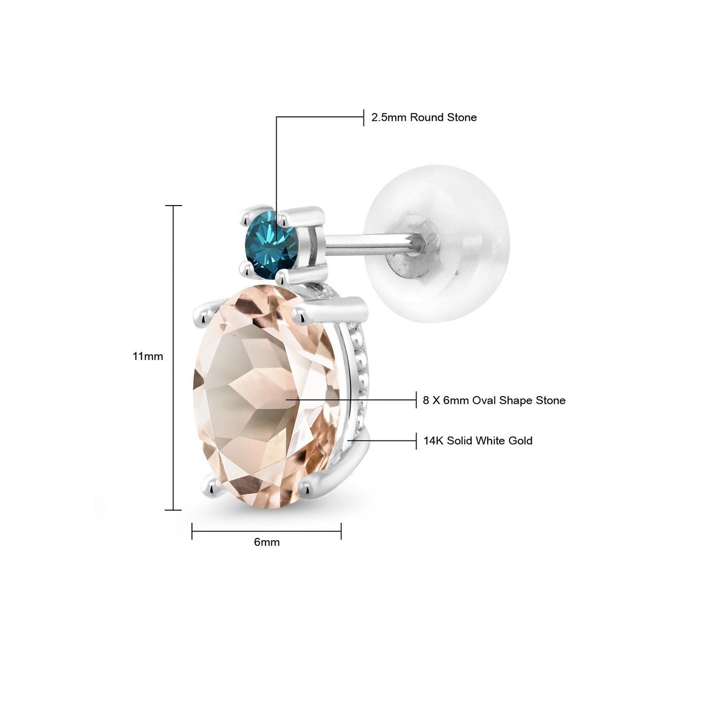 14K White Gold Gemstone Birthstone and Blue Diamond Stud Earrings For Women | Oval 8X6MM | Round 2.5MM | Elegant Two-Stone Design | Classic Fine Jewelry Earrings