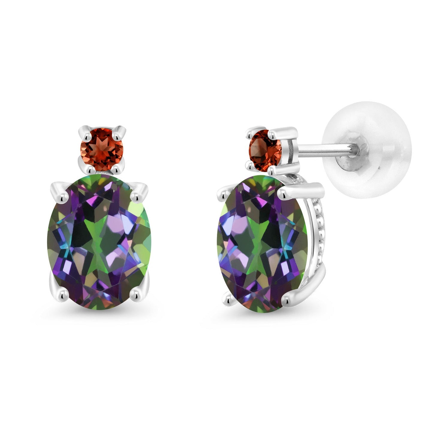 14K White Gold Gemstone Birthstone and Garnet Dangle Stud Earrings For Women | Oval 8X6MM | Round 2.5MM | Elegant Two-Stone Design | Classic Fine Jewelry Earrings