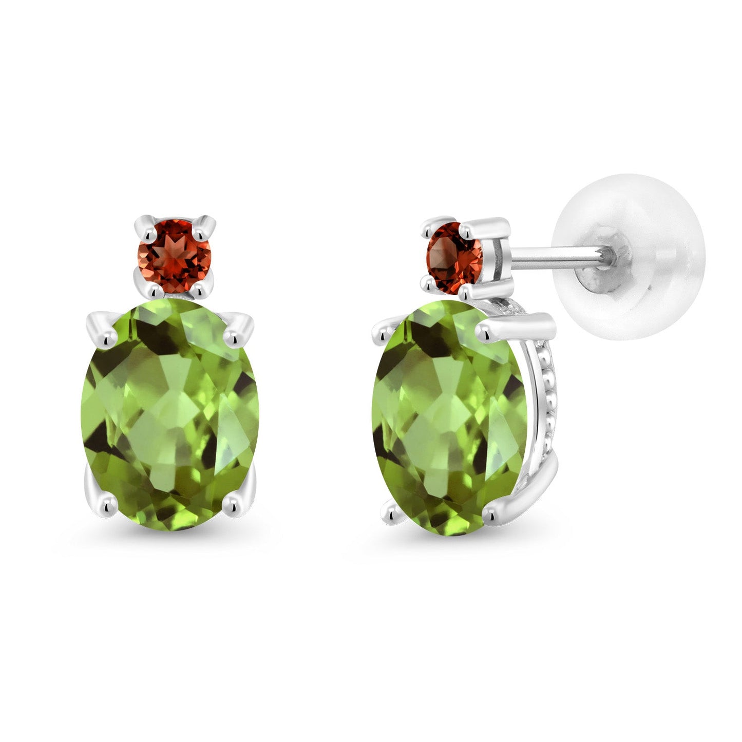 14K White Gold Gemstone Birthstone and Garnet Dangle Stud Earrings For Women | Oval 8X6MM | Round 2.5MM | Elegant Two-Stone Design | Classic Fine Jewelry Earrings