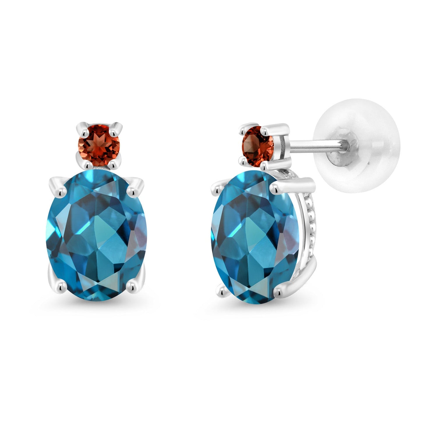 14K White Gold Gemstone Birthstone and Garnet Dangle Stud Earrings For Women | Oval 8X6MM | Round 2.5MM | Elegant Two-Stone Design | Classic Fine Jewelry Earrings