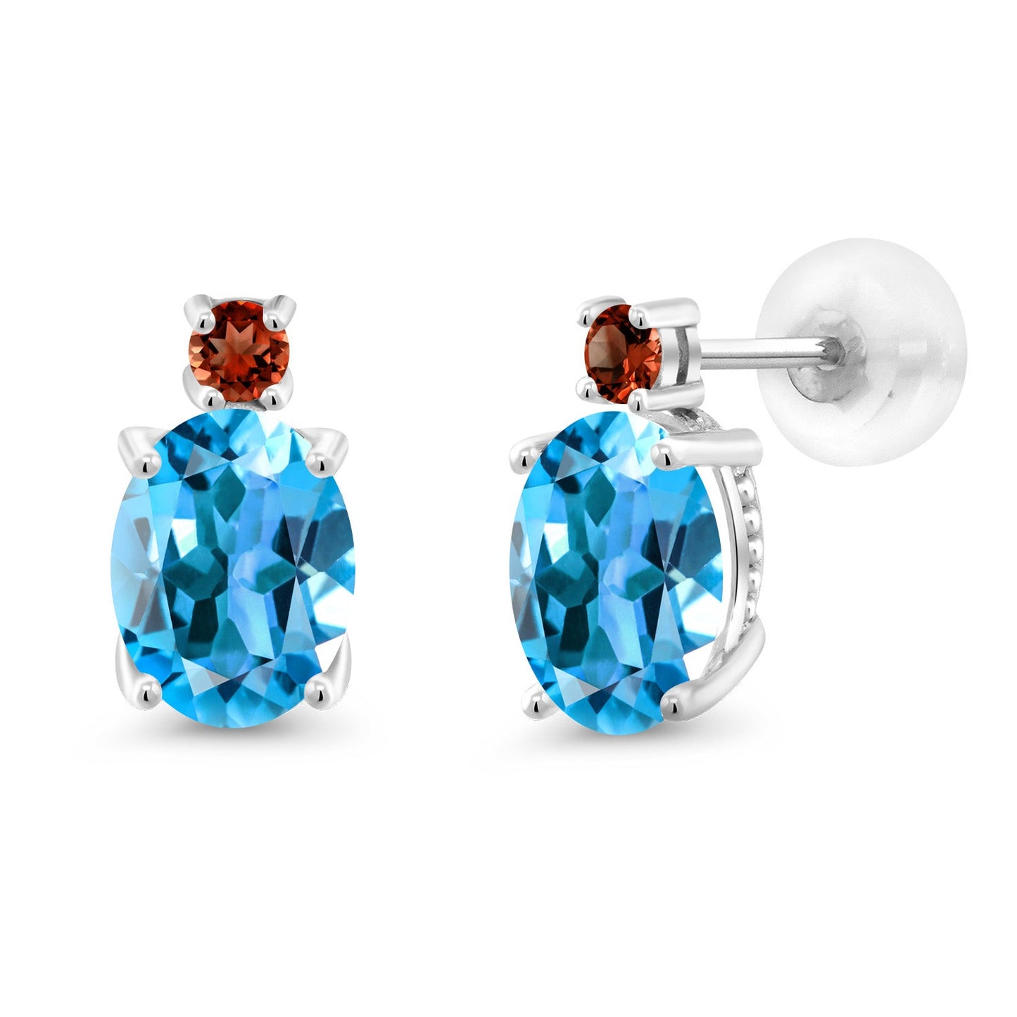 14K White Gold Gemstone Birthstone and Garnet Dangle Stud Earrings For Women | Oval 8X6MM | Round 2.5MM | Elegant Two-Stone Design | Classic Fine Jewelry Earrings