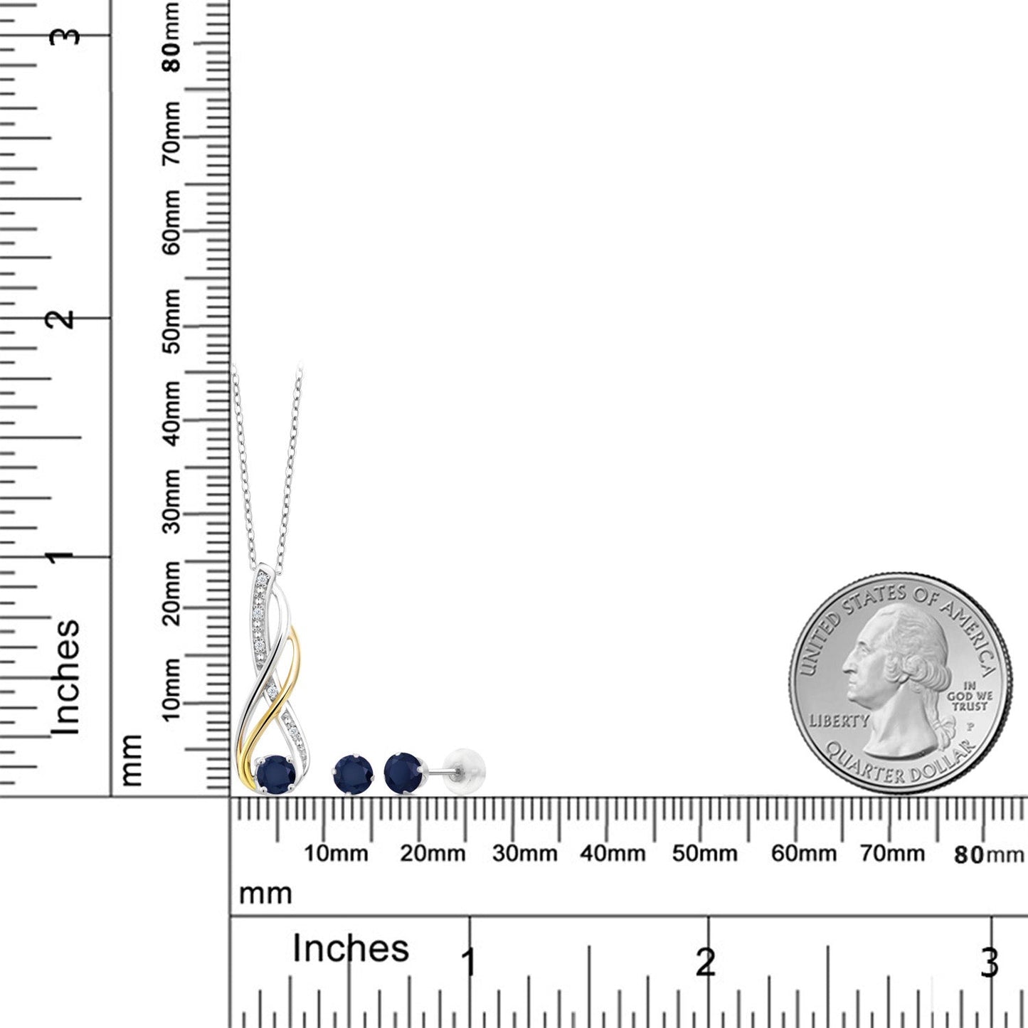 925 Sterling Silver and 10K Yellow Gold Blue Sapphire and White Diamond Pendant and Earrings Jewelry Set For Women (1.12 Cttw, Gemstone Birthstone, with 18 Inch Chain)