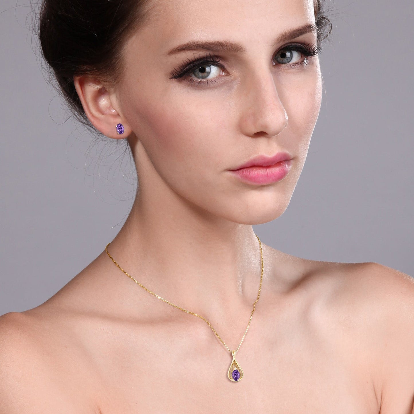 10K Yellow Gold 6X4MM Oval Gemstone Birthstone and White Diamond Pendant Earrings Jewelry Set For Women | With 18 Inch Gold Chain