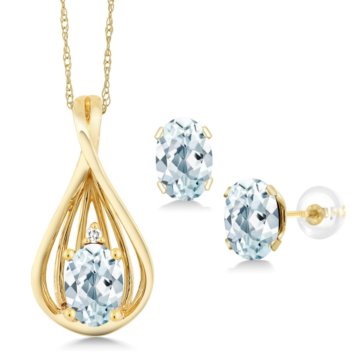 10K Yellow Gold 6X4MM Oval Gemstone Birthstone and White Diamond Pendant Earrings Jewelry Set For Women | With 18 Inch Gold Chain