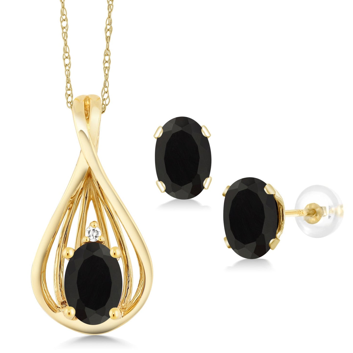 10K Yellow Gold 6X4MM Oval Gemstone Birthstone and White Diamond Pendant Earrings Jewelry Set For Women | With 18 Inch Gold Chain