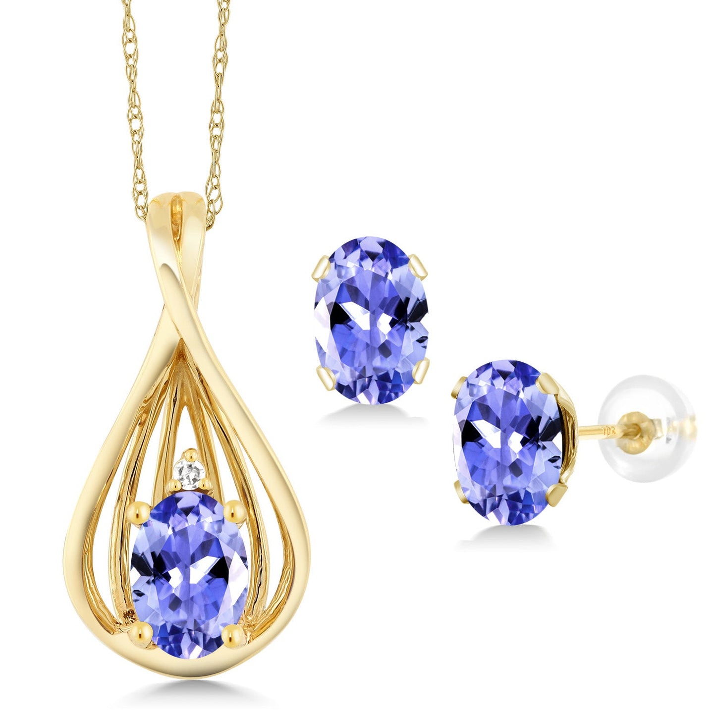 10K Yellow Gold 6X4MM Oval Gemstone Birthstone and White Diamond Pendant Earrings Jewelry Set For Women | With 18 Inch Gold Chain
