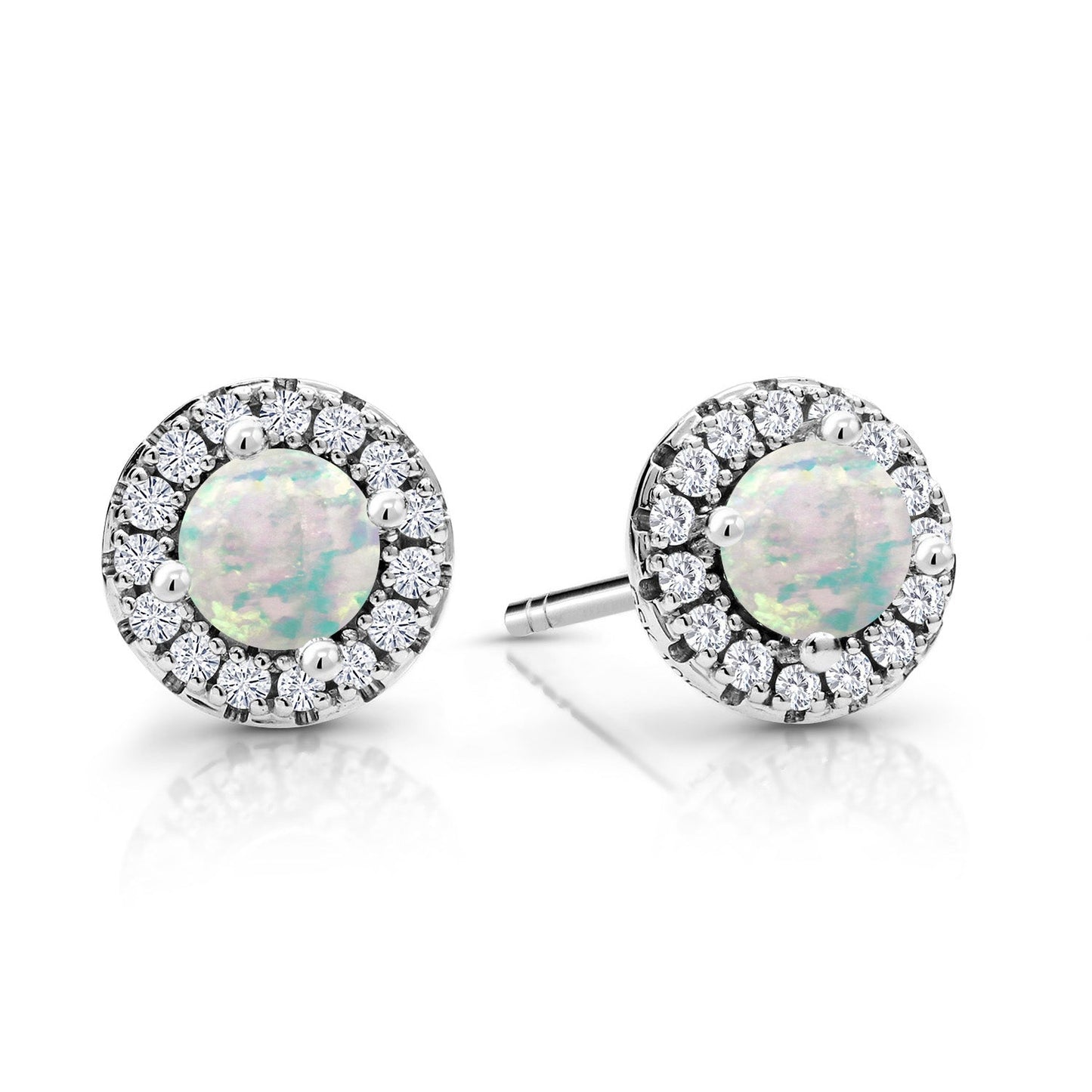 10K White Gold 4MM Round Gemstone Birthstone and White Lab Grown Diamond Halo Earrings | Gold Earrings For Women